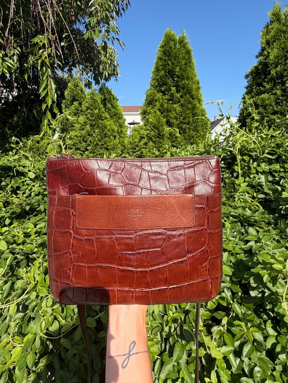 Vintage Fossil Croc Embossed Leather Crossbody Bag Brown Y2K Adjustable